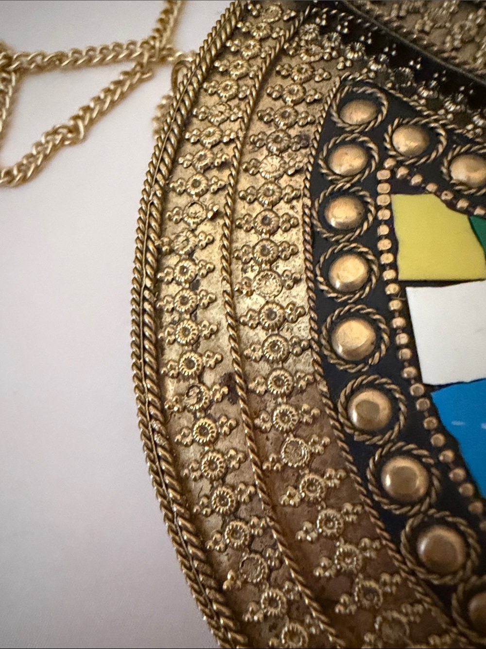 Ramla Kimy’s Metal Gold Mosaic Half-Moon Crossbody Bag - Multicolor Accent Good - Picture 8 of 11